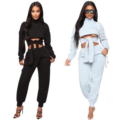 China 2 Pieces Breathable Women Set Front Crop Long Sleeve Short Tie Tops And Drawstring Waist Long Pants Sweatsuit Sportswear for sale