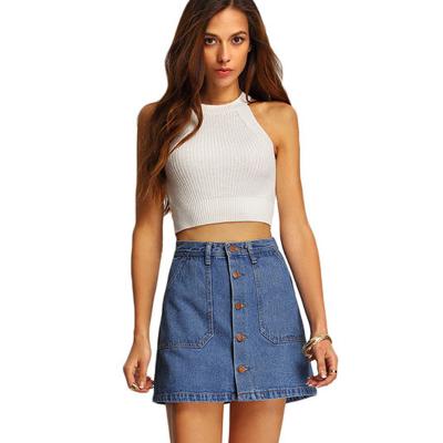 China Women Korean Breathable Denim Mini Skirt Summer Vintage High Waist Single Button Pockets Ladies One Line Saia Blue Jeans Skirt Women for sale