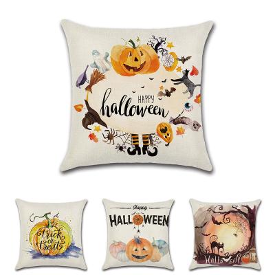 China Simple Happy Halloween Decorations Cute Watercolor Cat and Pumpkin Pillow Covers Set of 4 Home Decor Cotton Linen Tile Covers for sale