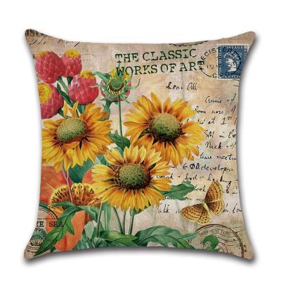 China Simple Decorative Square Linen Sunflower Floral Design Vintage Tile Throw Pillow Case Cushion Canvas Cover For Living Room Couch for sale