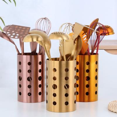 China Viable Gold Stainless Steel Kitchen Utensil Cutlery Rack Around Perforated Chopsticks Drainer Basket Storage Dishware Draining Rack for sale