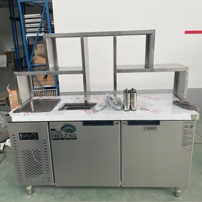 China Modern Customized Stainless Steel Cafe Operating Chiller Counter Bench Freezer Fridge With Racks for sale