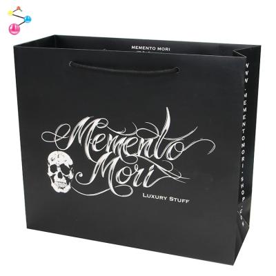 China Luxury Printed Recyclable Plain Paper Bag Black Rope Handle Gift Shopping Shiny Boutique Latest Recyclable Product With 3D Logo for sale