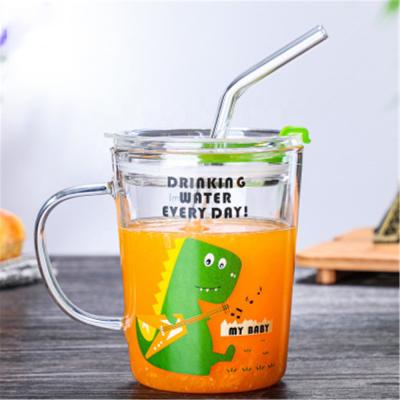 China Eco-friendly Household Children's Scale Glass Milk Cup With Lid Set Handle Breakfast Transparent Glass Straw Cup for sale