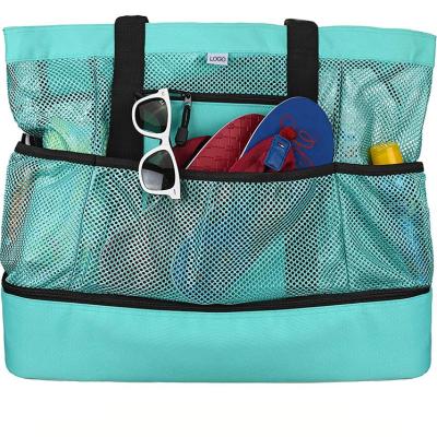 China Women Multi-pocket Mesh Big Capacity Insulated Tote Summer Beach Insulated Bag With Cooler Compartment for sale