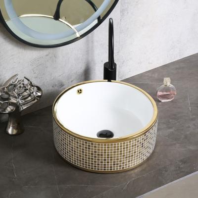 China Popular Bathroom Gold Electroplating Wash Around Ceramic Art Basin Mini Ceramic Bathroom Sink for sale