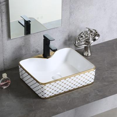 China Popular Bathroom Art Basin Luxury Hotel Square Vanity Basin Washroom Countertop Gold Plated Sink for sale