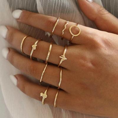 China CLASSIC 11 Pcs/Set Gold Plated Alloy Cactus Pineapple Hollow Circle Heart Knuckle Rings Set for sale