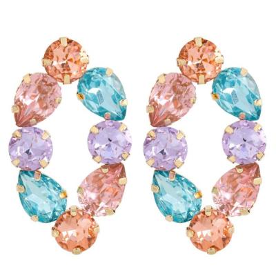 China Hot Selling FASHIONABLE Style Simple Elegant Gold Plated Crystal Waterdrop Earrings Hollow Oval Colorful Gemstone Paved Stud Earrings for sale