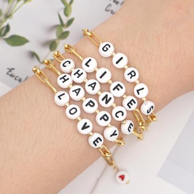 China Lead Free Nickel Free 18K Gold Plated Stainless Steel Paper Clip Chain Tassel Bracelet Letters Bead Bracelets For Women for sale