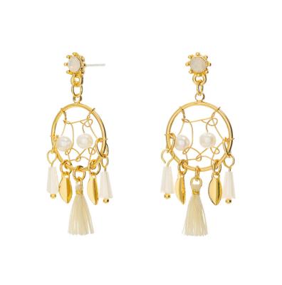 China FASHIONABLE Boho S925 Needle Copper Gold Plated Dreamcatcher Circle Dangle Earrings Leaf Tassel Pearl Stud Earrings Dreamcatcher Tassel Catcher for sale