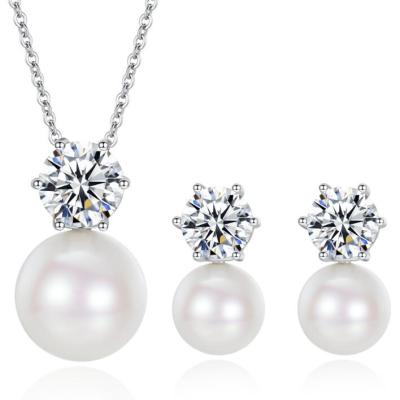 China Simple High Quality Copper Silver Plated 12MM Imitation Pearl Zircon Necklace 8MM Glass Pearl Earring Necklace Pendant Jewelry Set For Women for sale