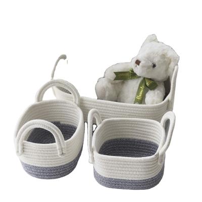 China Sustainable Organization Cotton 3 Rope Basket Set For Soft Woven Organizer Home Bedroom Bathroom Small Storage Baskets With Handles for sale