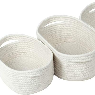 China Sustainable White Storage Basket Set Of 3 , Soft Woven Cotton Rope Shelf Baskets With Handles for sale