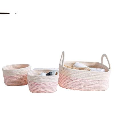 China Sustainable Set of 3 Pink Cotton Rope Storage Basket Storage Bins | Baby basket | Small soft rope baskets for storage with handles for sale