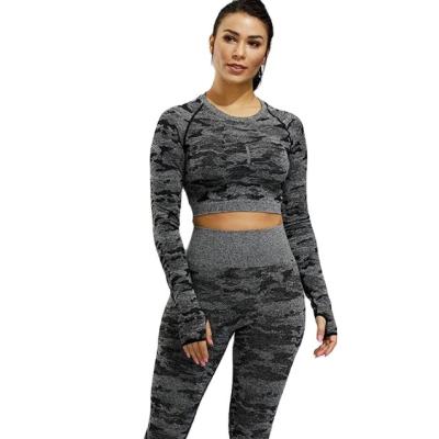 China Women's Sweat-Wicking Camouflage Hollow Out Seamless Set Fitness-Enhancing Gym Crop Yoga Set Top Fitness Clothing for sale