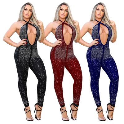 China Viable Women Diamond Sleeveless Hanging Neck Backless Sexy Fashion Overalls Party Clubwear Overall Workout Stretchy Birthday Outfit for sale