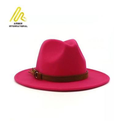 China Optional Plain Colors Fedora Wide Brim Women Wool Felt Fedora Hat with Belt for sale