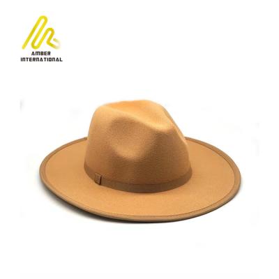 Cina Quick Shipping 8 Colors Pure Plain Solid Color Women Men Wool Suede Wide Brim Fedora Hats With Ribbons in vendita