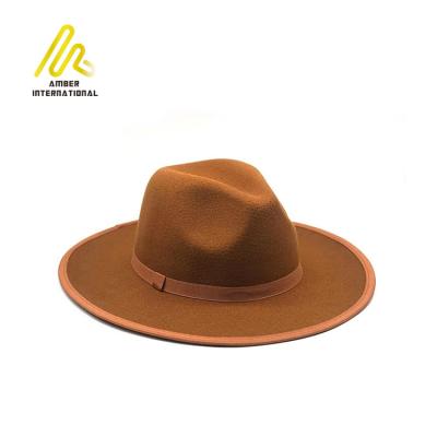 China Luxury Ribbon Decorative Men Unisex Wide Brim Custom Color Plain Women Wool Felt Fedora Hat for sale