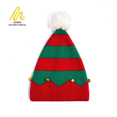 China 2021 Winter Warm Kids Adults Cap Striped Bell Elf Christmas Knitted Hat with Pom Pom for sale