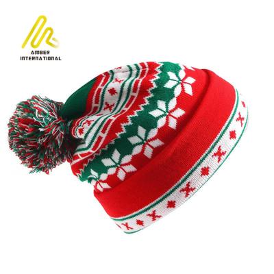 China Fast Delivery Christmas Customized Polyester Snowflake Print Knitted Winter Hats With Colored Popom for sale