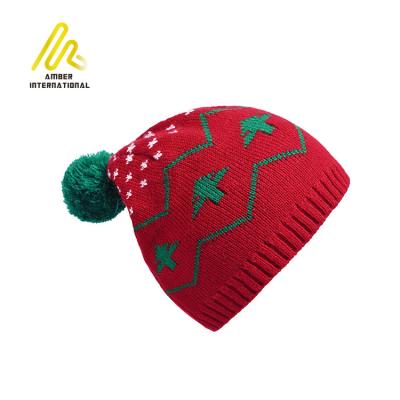 China Wholesale Knitted Winter Christmas Tree Snowflake Jacquard Warm Custom Knit Hat With Pompom for sale