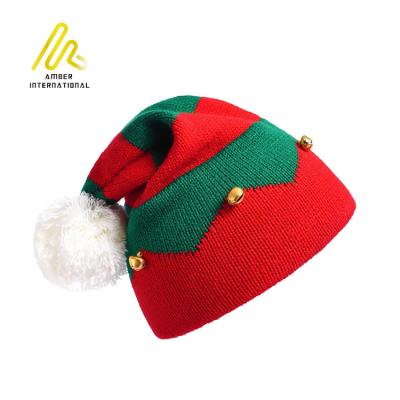 China New Arrival Kids Adults Stripe Bell Elf Christmas Warm Knitted Hat with Pom Pom for sale