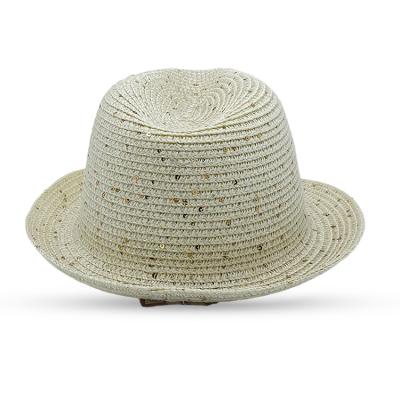 China Custom Girls Sequins Decoration Stripes Ribbon Children Collapsible Natural Summer Beach Kids Straw Hat Sun Fedora for sale