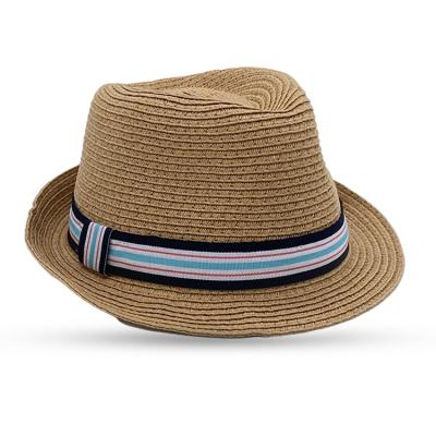 China Wholesale Outdoors Collapsible Light Brown Boys Straw Hat with Striped Ribbon for sale