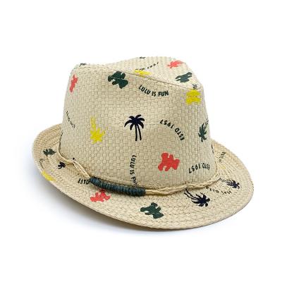 China High Quality Colorful Palm Trees Printing Natural Straw Weave Kids Summer Beach Paper Fedora Straw Hat for sale