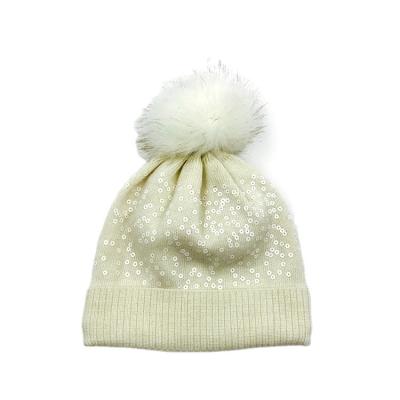 China Customized size white sequins children kids winter knitted beanie hats with pom pom for sale