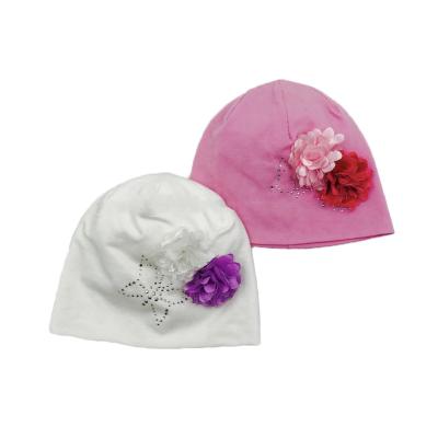 China 3D Flowers Studs Motif Decoration Pink Girls Kids Jersey Children Beanie Hats Winter Cap for sale