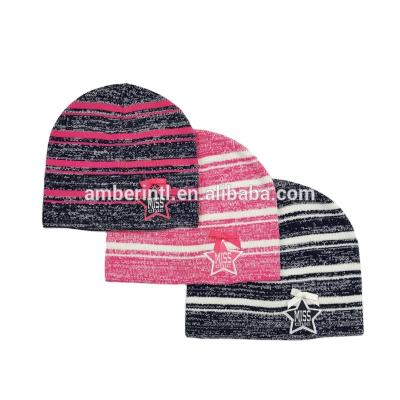 China Factory Direct Sale Mix Yarns Stripes Bow Embroidery Deco Children's Winter Knitted Beanie Hat with Custom Logo à venda