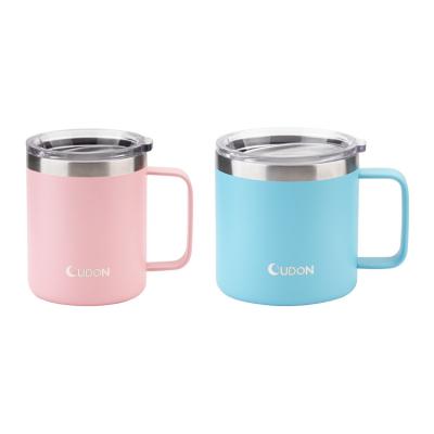 China Viable Custom Logo Powder Coated Insulated Stainless Steel Coffee Mugs Handle Double Wall Cup With Lid for sale