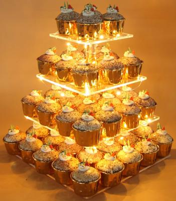 China Retail Store Or Exhibit Square 4 Tier Acrylic Cupcake Display Stand With LED String Lights Dessert Tree Tower For Birthday Wedding Party for sale