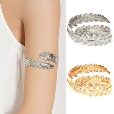 China New design statement fashion punk gold metal trendy charm women body jewelry bangle silver adjustable feather shaped bangle for sale