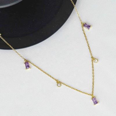 China Luxury ChenQi Sterling Silver 925 Zircon Necklace CLASSIC Purple Zirconia Link Chain Gold Plated Decoration Female Jewelry for sale