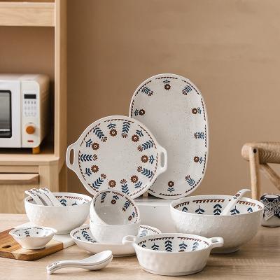 China Viable Porcelain Dinnerware Floral Design White Ceramic Dinner Dish Bowl Set With Embossed Design Tableware For Household for sale