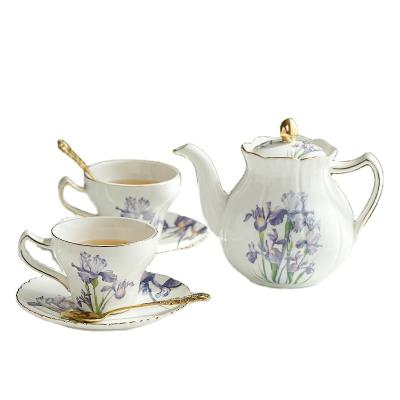 China CSI Sustainable Nordic Light Luxury Porcelain Coffee Cup And Saucer Sets Ceramic Tea Set With Iris Flower Design Gold Rim Gift Box for sale