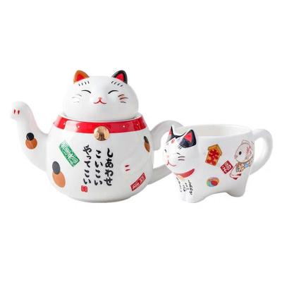 China Creative hand-painted fortune viable 3d Cat Porcelain Tea Set Lucky Cat Teapot Cups Tray Gift set with filter for sale