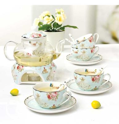 China Viable Romantic Flower Decal Espresso Coffee Cup Set Ceramic Tea Cups And Saucers Teapot For Tableware Drinking for sale