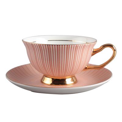 China Handcrafted Simple Bone China Cappuccino Cup Bone China Stocked Pink Coffee Cup With Saucer Set With Gold Handle for sale