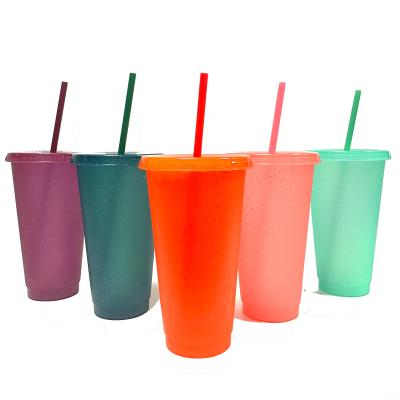 China Hot Selling Minimalist Customized Color Change 16oz 24oz Glitter Ice Water Reusable Solid Color Tumbler With Straw And Lid for sale