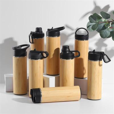 China Pastoral 420ml Double Insulated Bamboo Stainless Steel Travel Thermos With Handle for sale