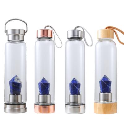 China High Quality Viable Bamboo Crystal Stone Gemstone Infused Water Bottle Crystal Elixir Bottles Borosilicate Glass Water Bottle for sale