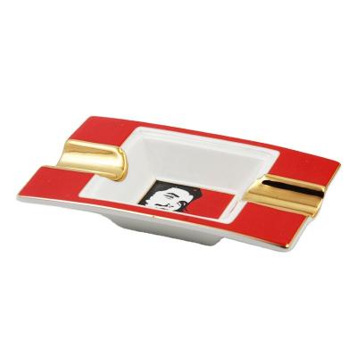 China Modern Designer Guevara Cigar Durable Classic Square Ceramic Ashtray Double Flute for sale