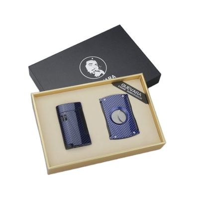 China Portable GUEVARA 2021 Most Popular High End Style Carbon Fiber Material Cigar Cutter And Lighter Set for sale