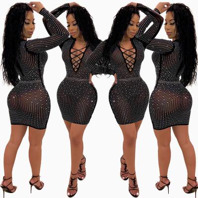 China Clothes women dress sexy net yarn diamond lace dress hot casual outfits 2021 new arrivals summer hot sale women for sale