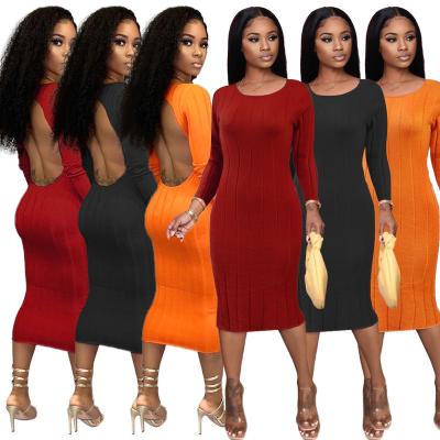 China Anti-wrinkle stain 2021 autumn color round neck women casual outfits sheer sexy backless sleeve long elegant dress for sale